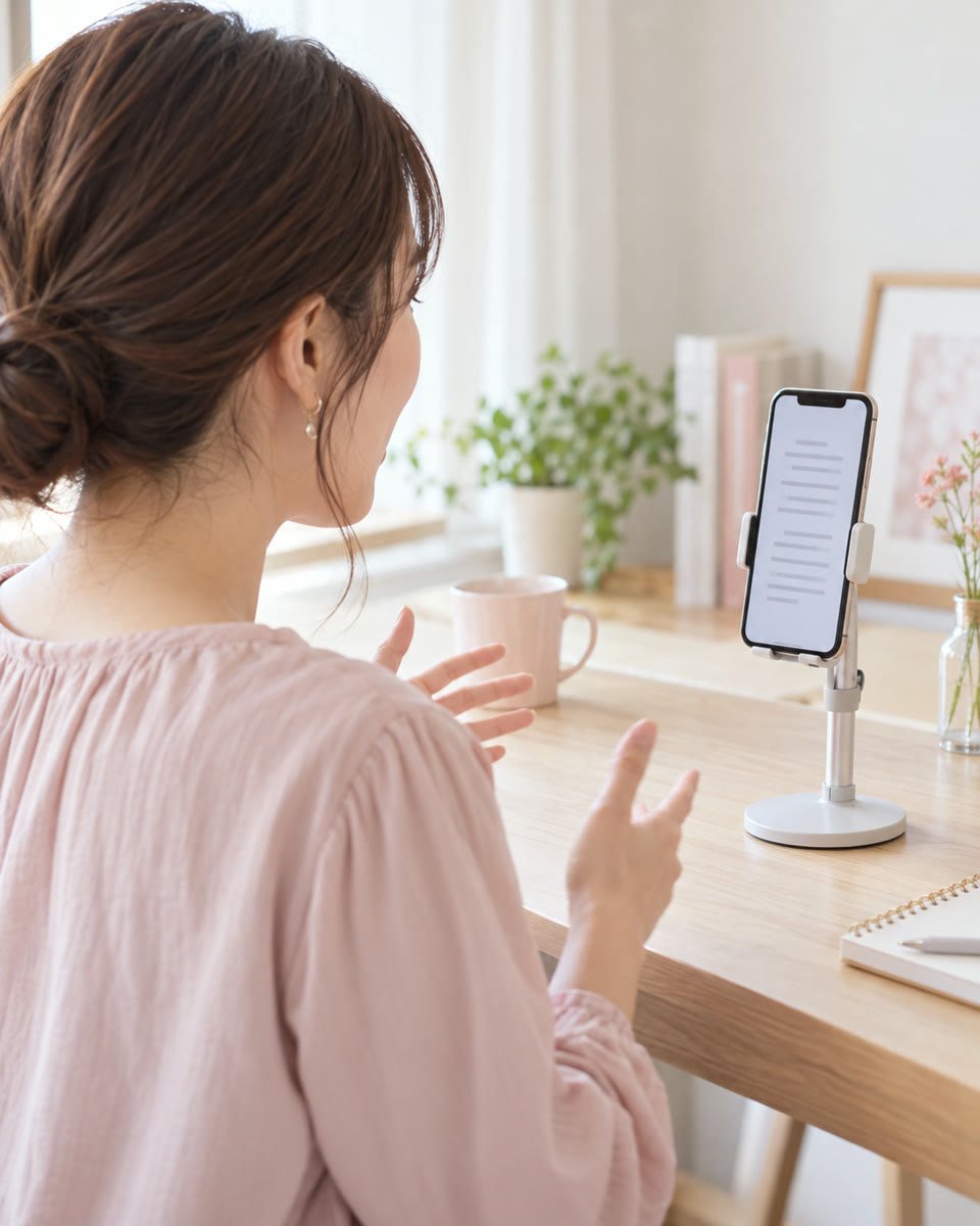 スマホスタンドに立てたスマホの台本を見ながら話す女性